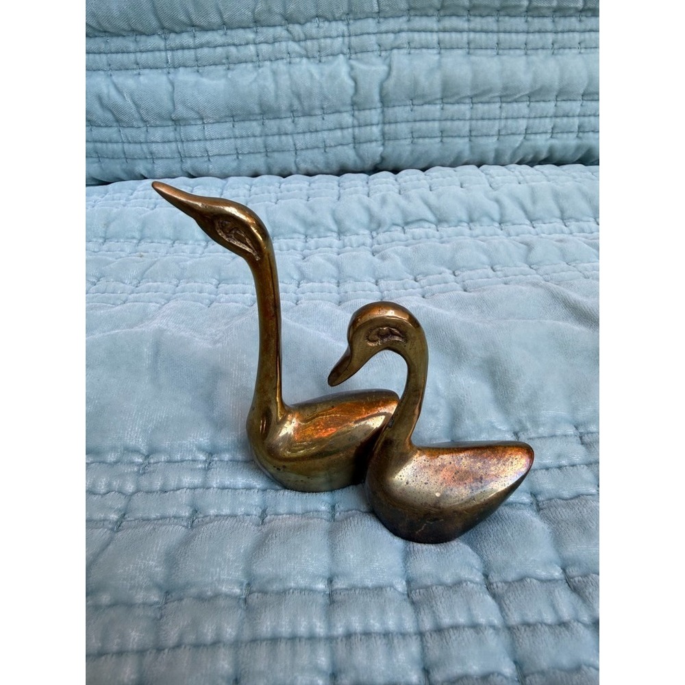 Vintage Solid Brass Swan Figurines Set of 2 Mid Century Modern Gold Decor Statue